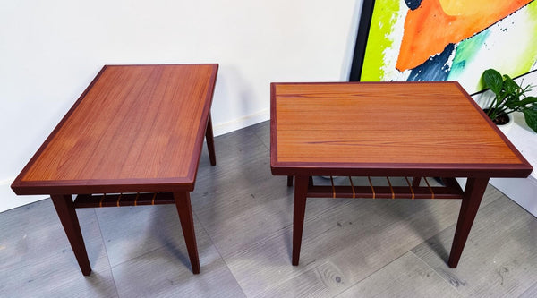 2 REFINISHED Mid Century Modern Teak Accent Tables w Cane Shelves