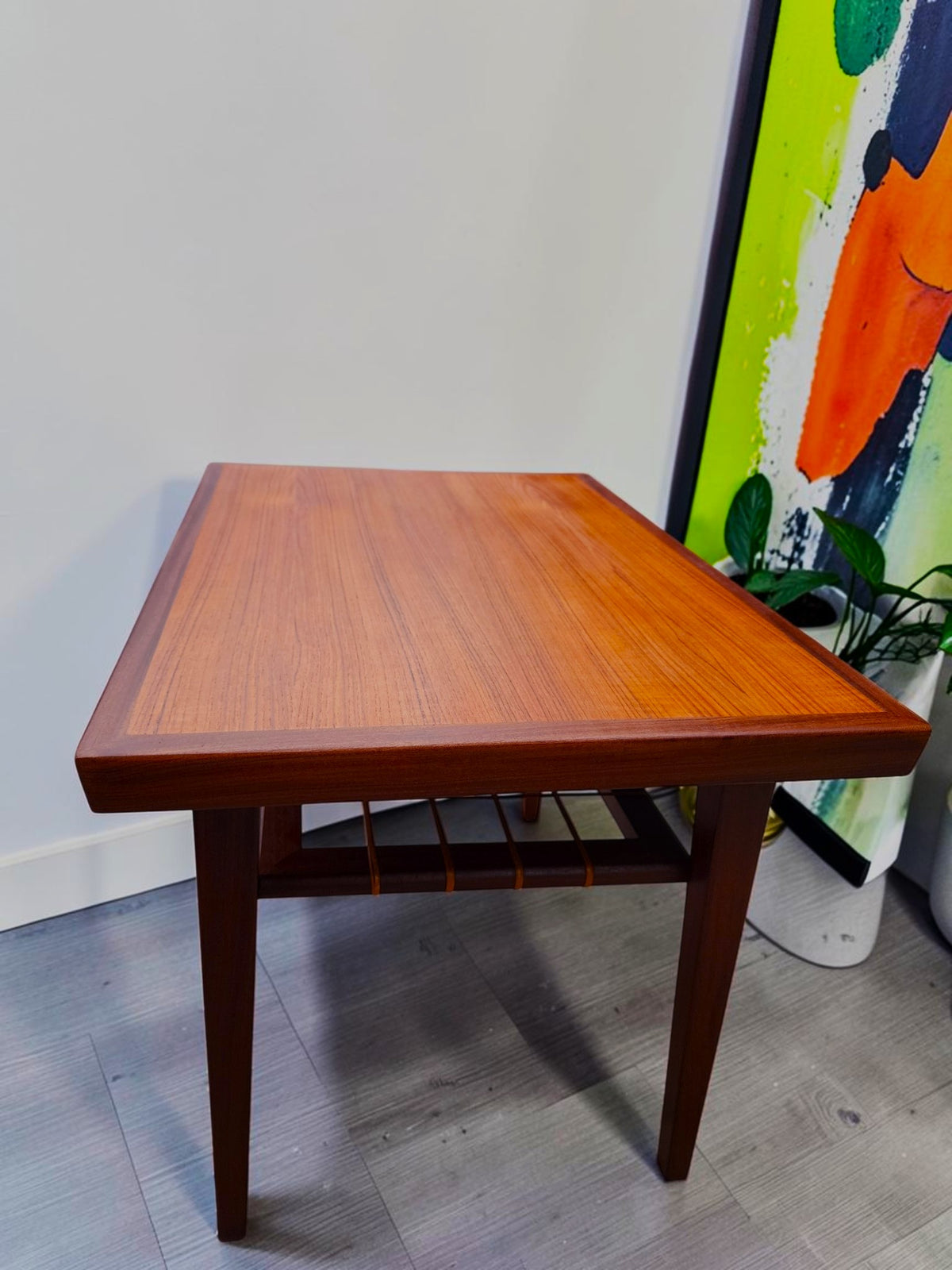 2 REFINISHED Mid Century Modern Teak Accent Tables w Cane Shelves