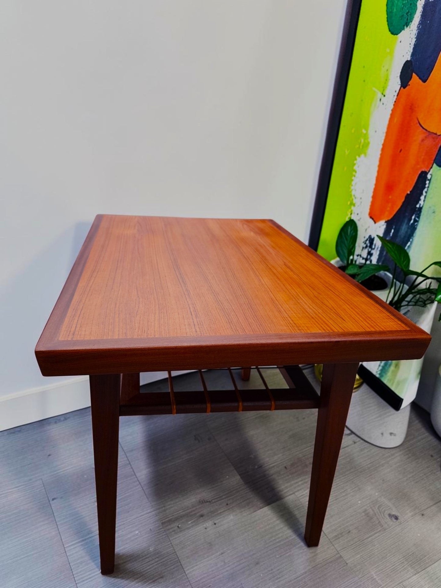 2 REFINISHED Mid Century Modern Teak Accent Tables w Cane Shelves