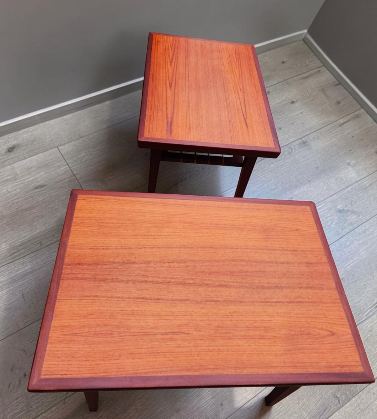 2 REFINISHED Mid Century Modern Teak Accent Tables w Cane Shelves