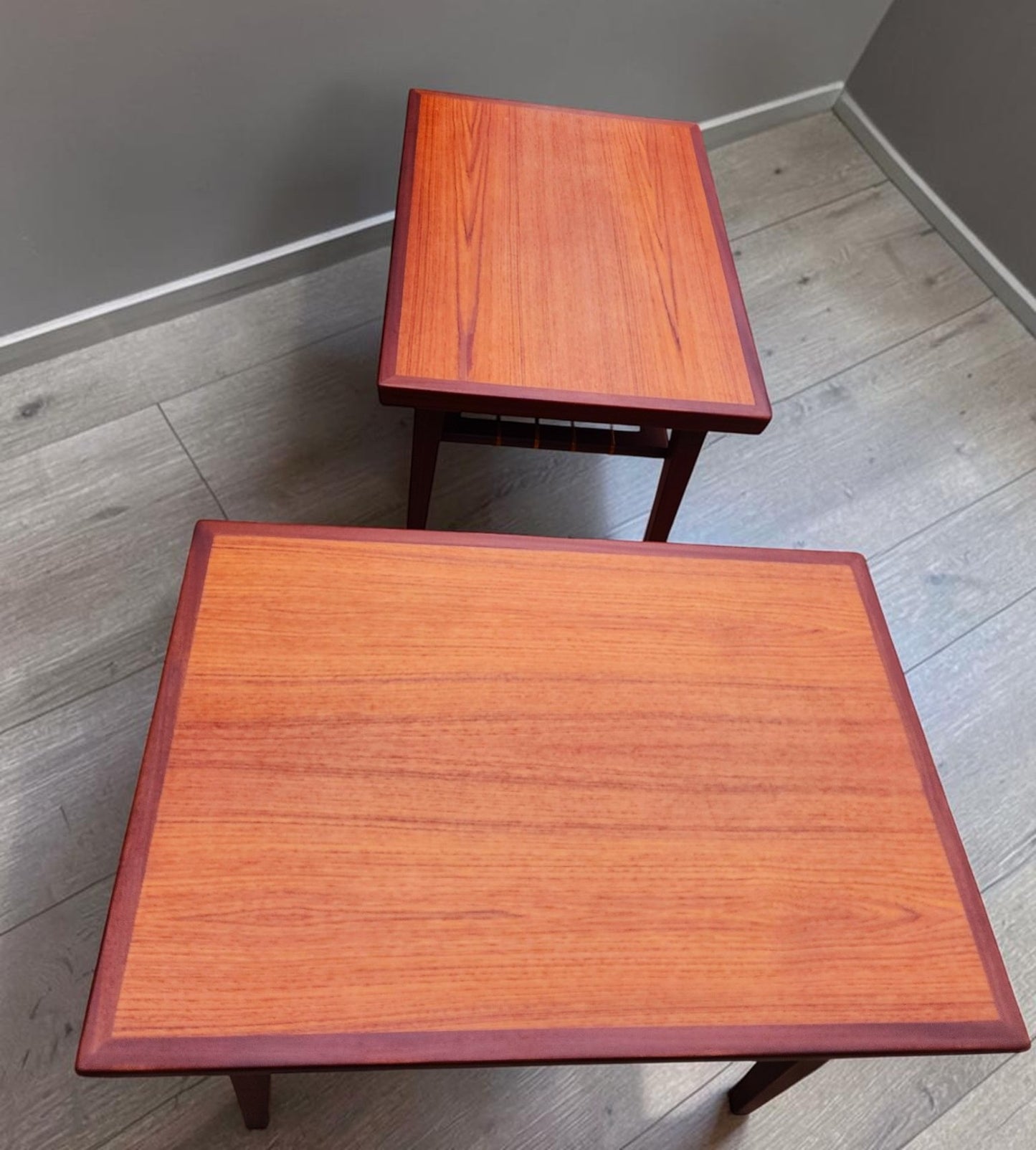 2 REFINISHED Mid Century Modern Teak Accent Tables w Cane Shelves