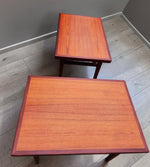 2 REFINISHED Mid Century Modern Teak Accent Tables w Cane Shelves 12
