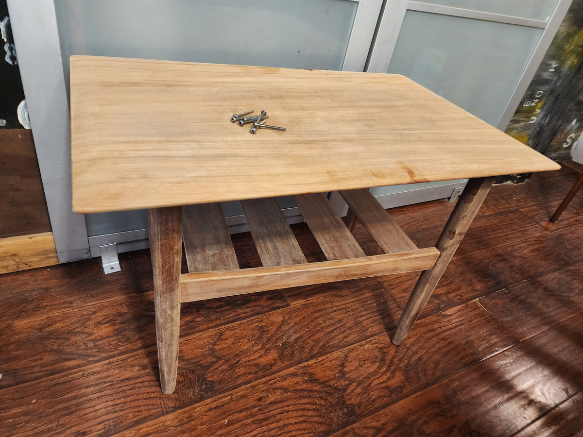 2 REFINISHED Mid Century Modern Teak Accent Tables w Cane Shelves