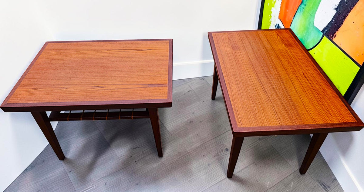 2 REFINISHED Mid Century Modern Teak Accent Tables w Cane Shelves