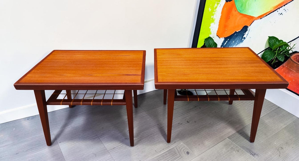 2 REFINISHED Mid Century Modern Teak Accent Tables w Cane Shelves