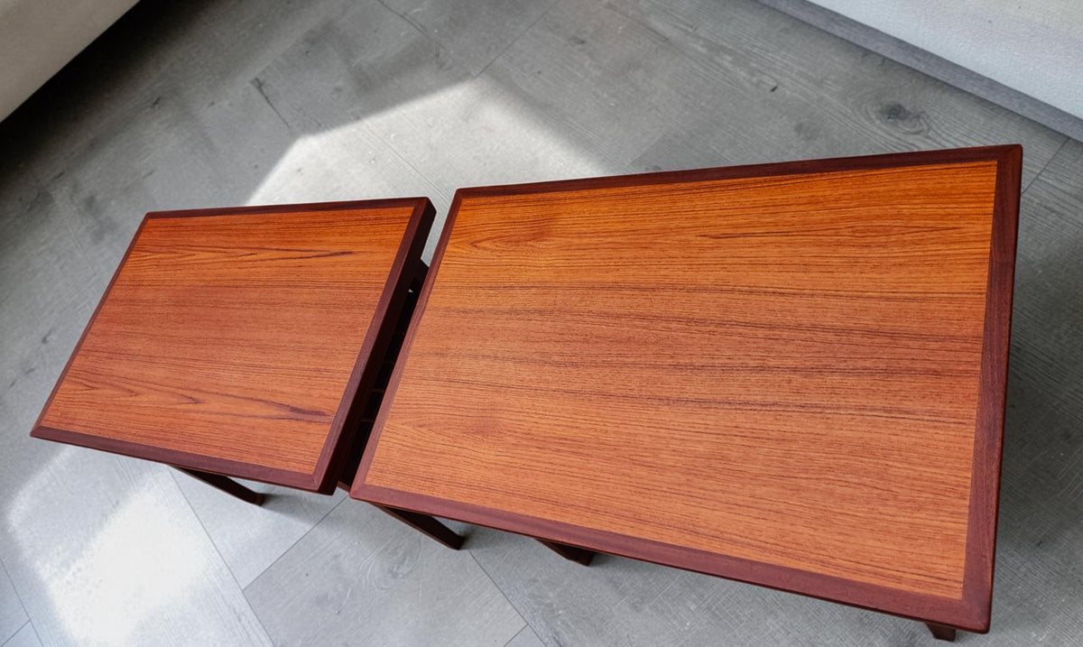 2 REFINISHED Mid Century Modern Teak Accent Tables w Cane Shelves