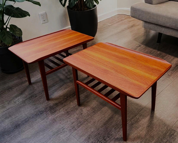 2 REFINISHED Mid Century Modern Teak Accent Tables w Shelves