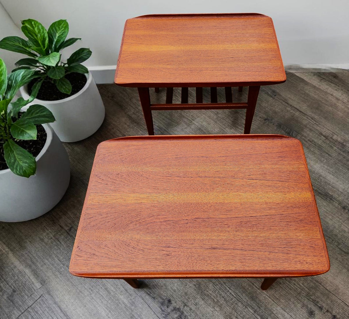 2 REFINISHED Mid Century Modern Teak Accent Tables w Shelves