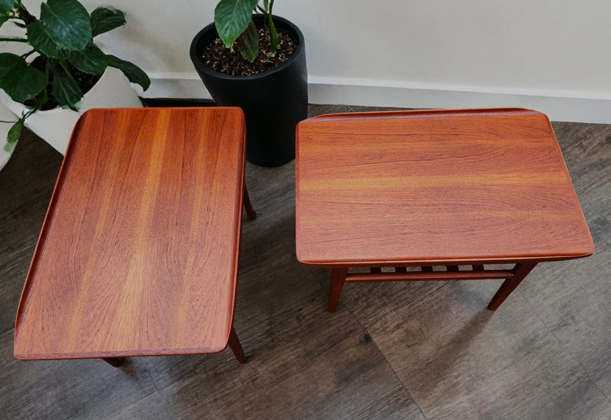2 REFINISHED Mid Century Modern Teak Accent Tables w Shelves