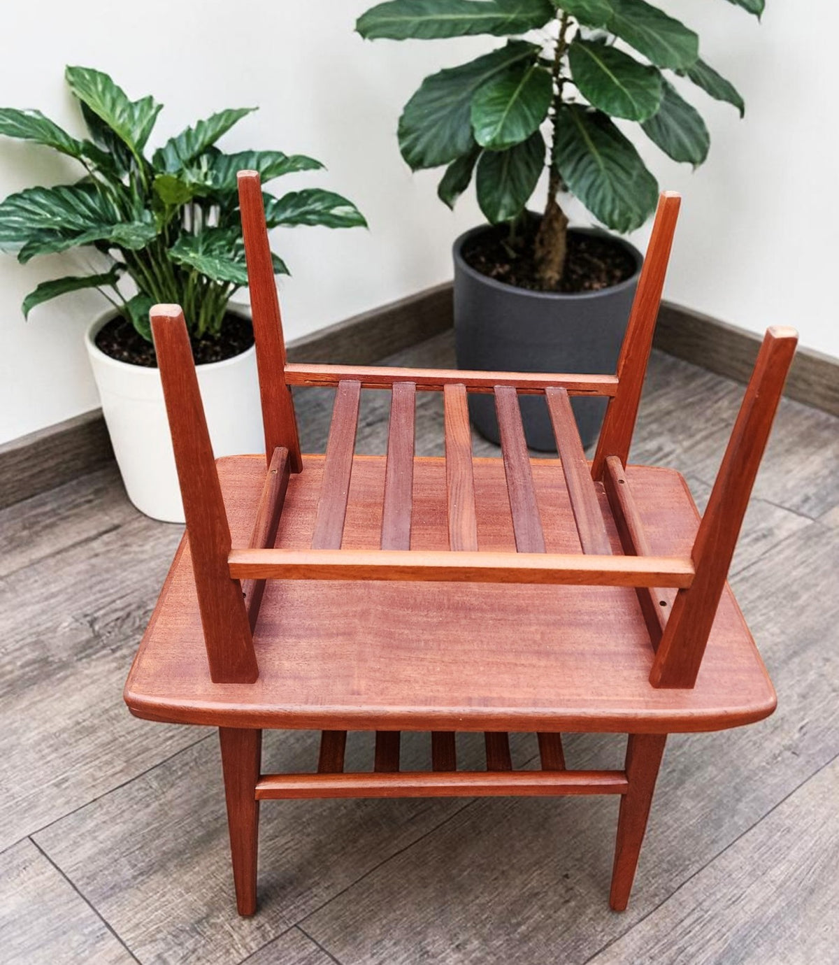 2 REFINISHED Mid Century Modern Teak Accent Tables w Shelves