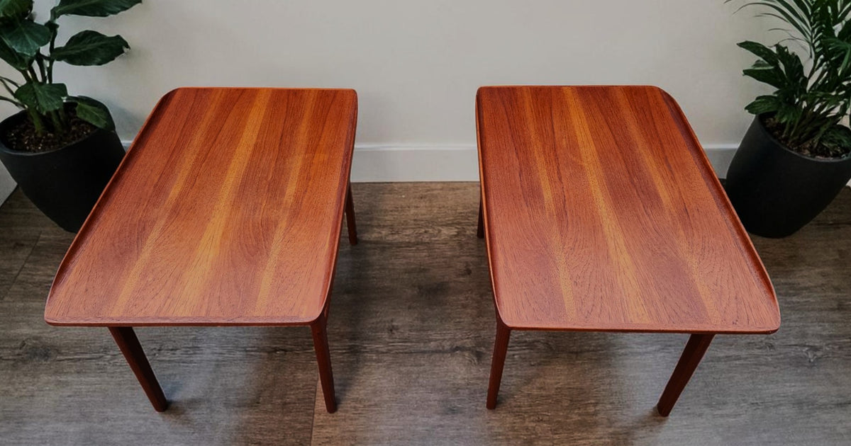 2 REFINISHED Mid Century Modern Teak Accent Tables w Shelves