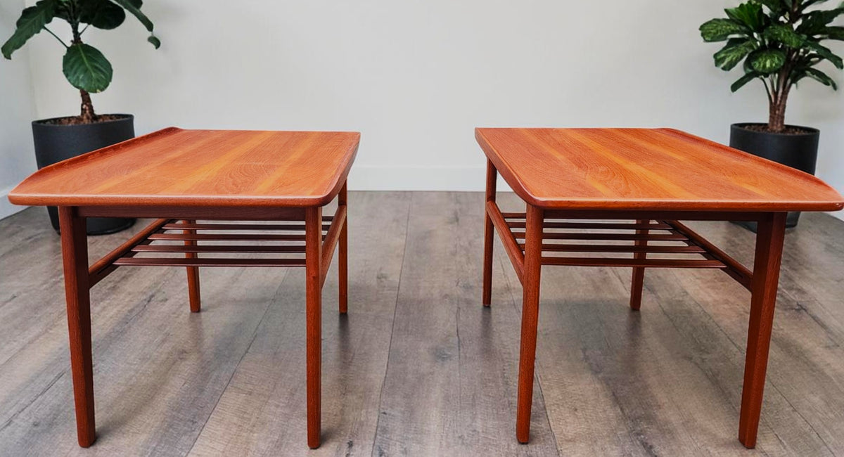 2 REFINISHED Mid Century Modern Teak Accent Tables w Shelves