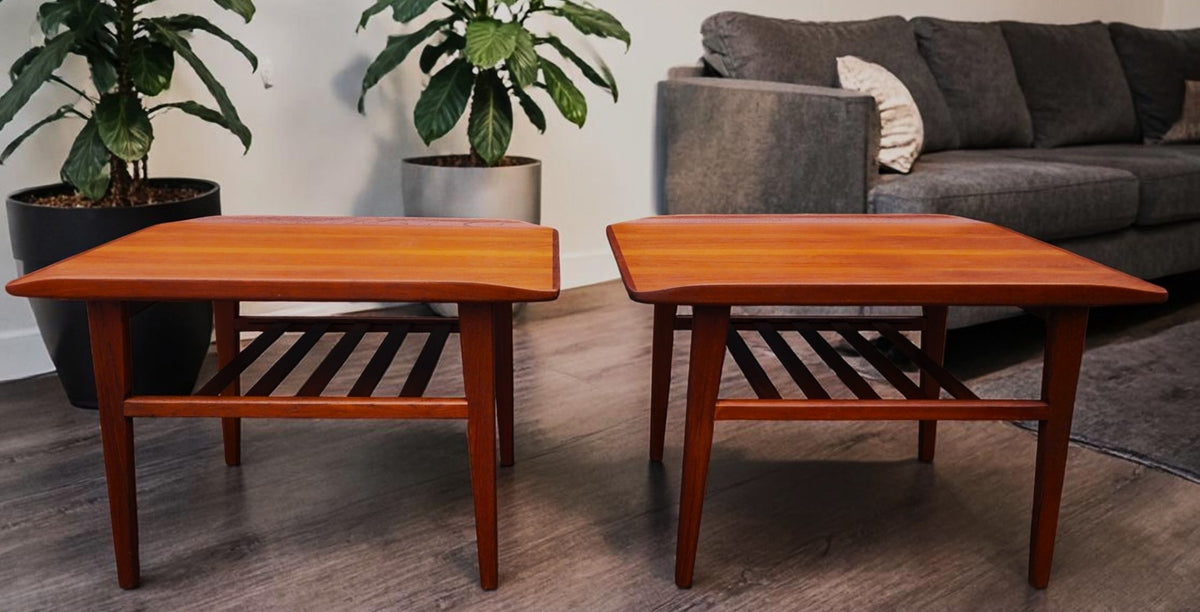 2 REFINISHED Mid Century Modern Teak Accent Tables w Shelves