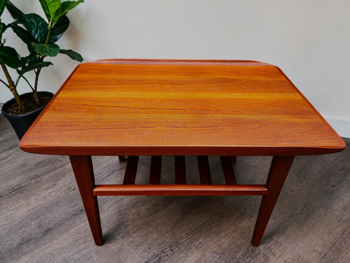 2 REFINISHED Mid Century Modern Teak Accent Tables w Shelves