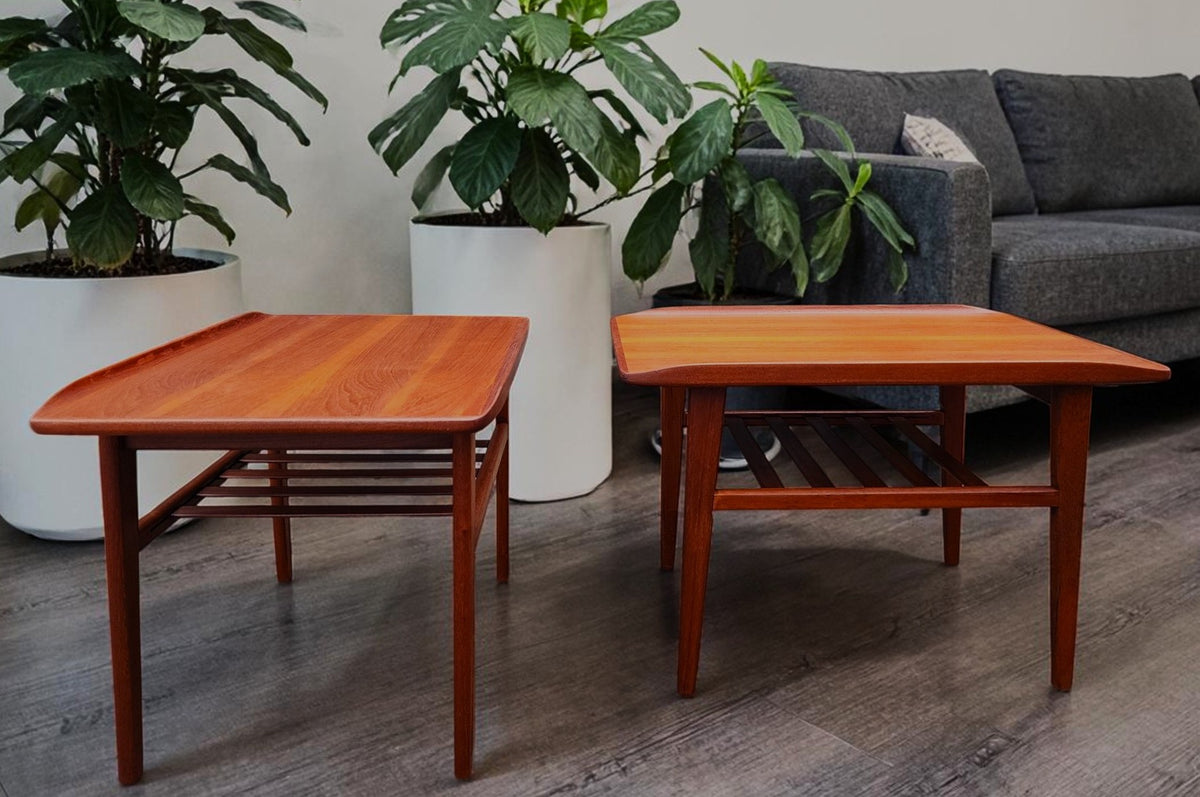 2 REFINISHED Mid Century Modern Teak Accent Tables w Shelves