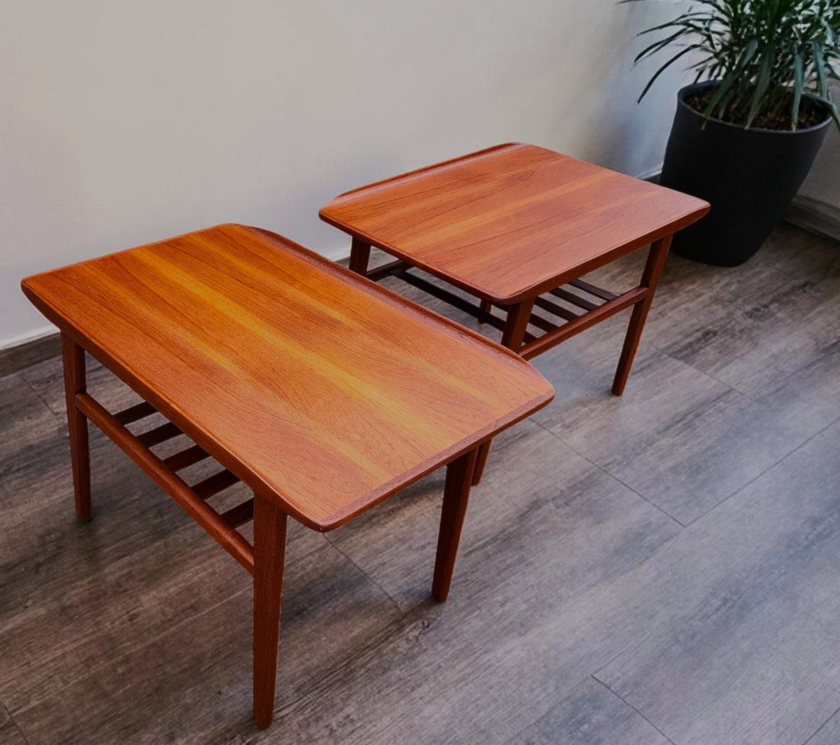 2 REFINISHED Mid Century Modern Teak Accent Tables w Shelves