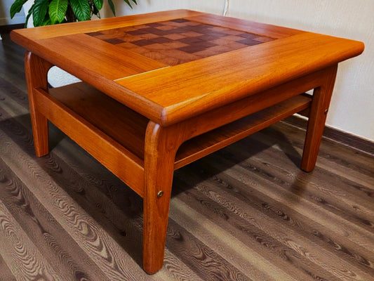 REFINISHED Danish Mid Century Modern Teak Accent Table w Inlay & Shelf
