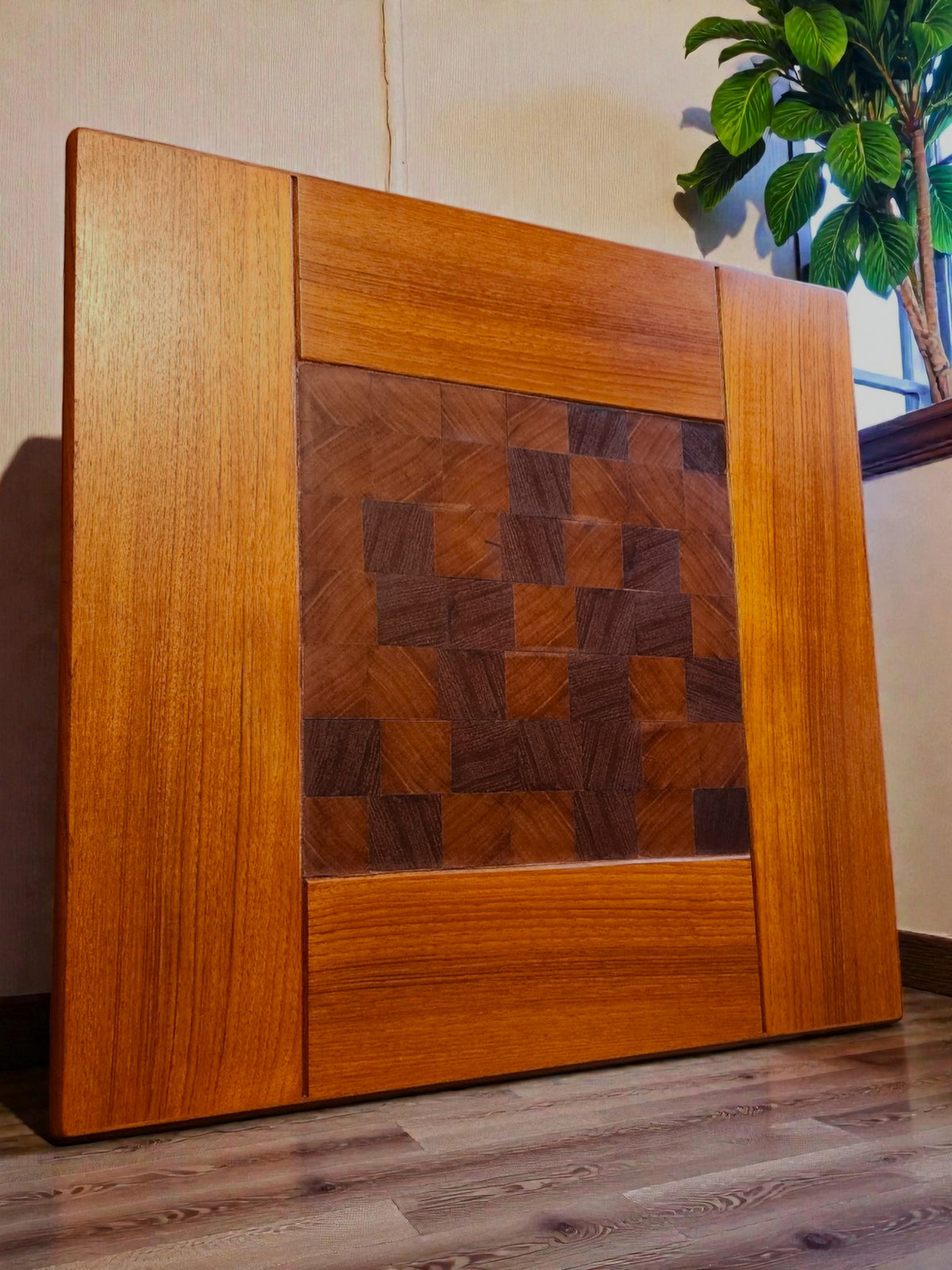 REFINISHED Danish Mid Century Modern Teak Accent Table w Inlay & Shelf