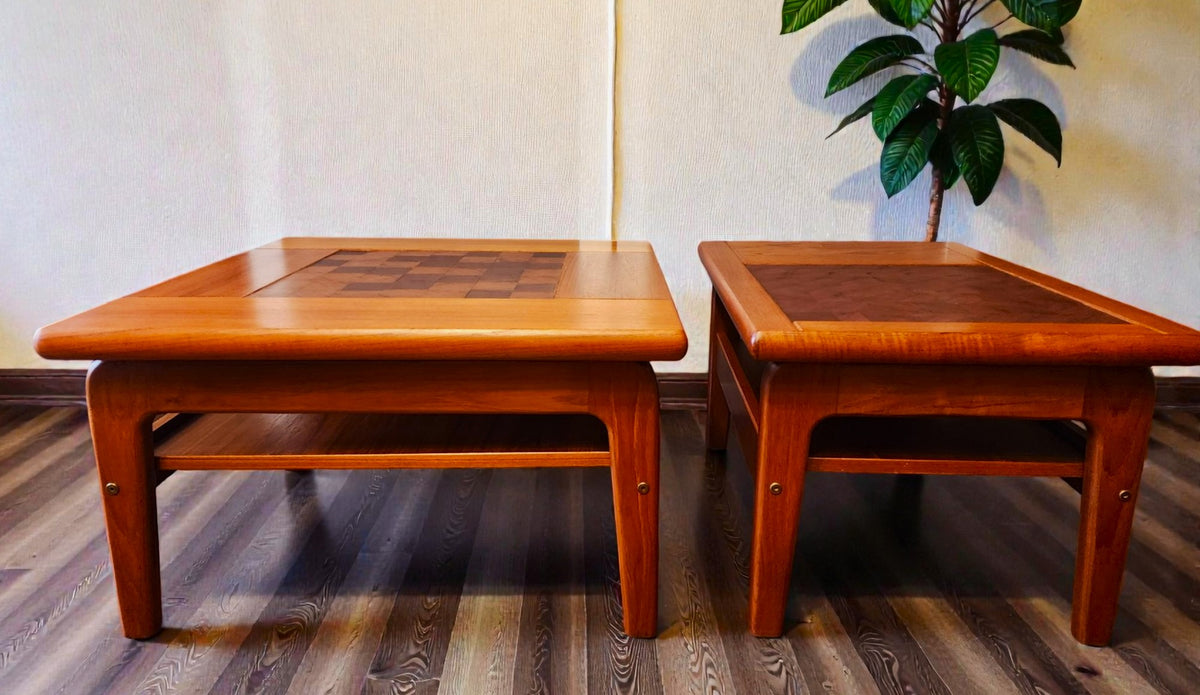 REFINISHED Danish Mid Century Modern Teak Accent Table w Inlay & Shelf