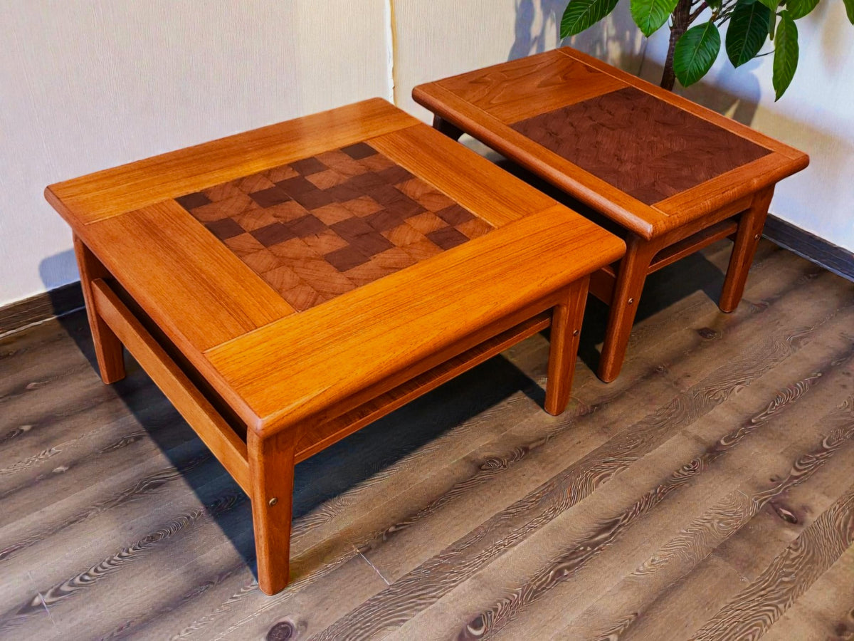 REFINISHED Danish Mid Century Modern Teak Accent Table w Inlay & Shelf
