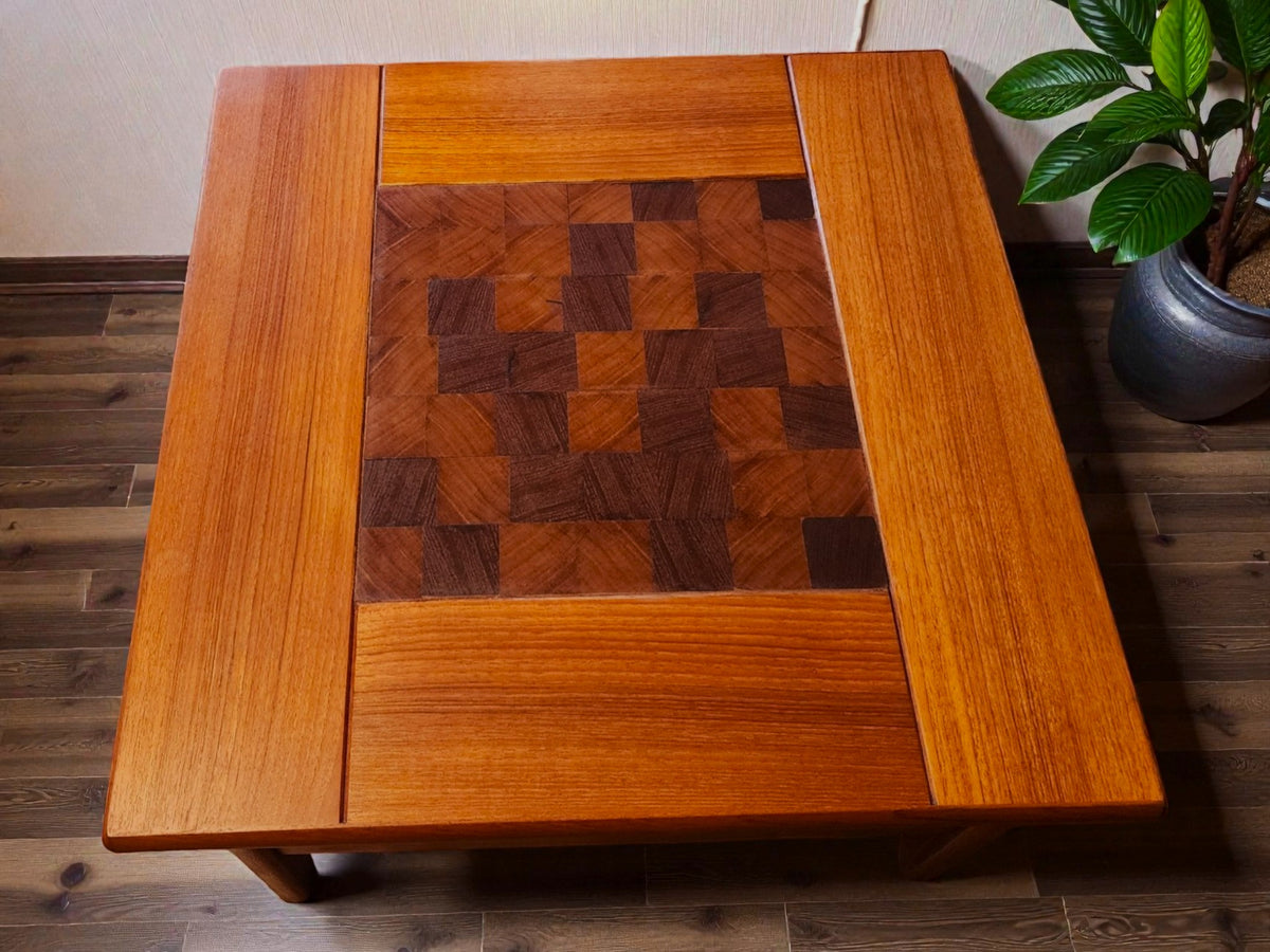 REFINISHED Danish Mid Century Modern Teak Accent Table w Inlay & Shelf