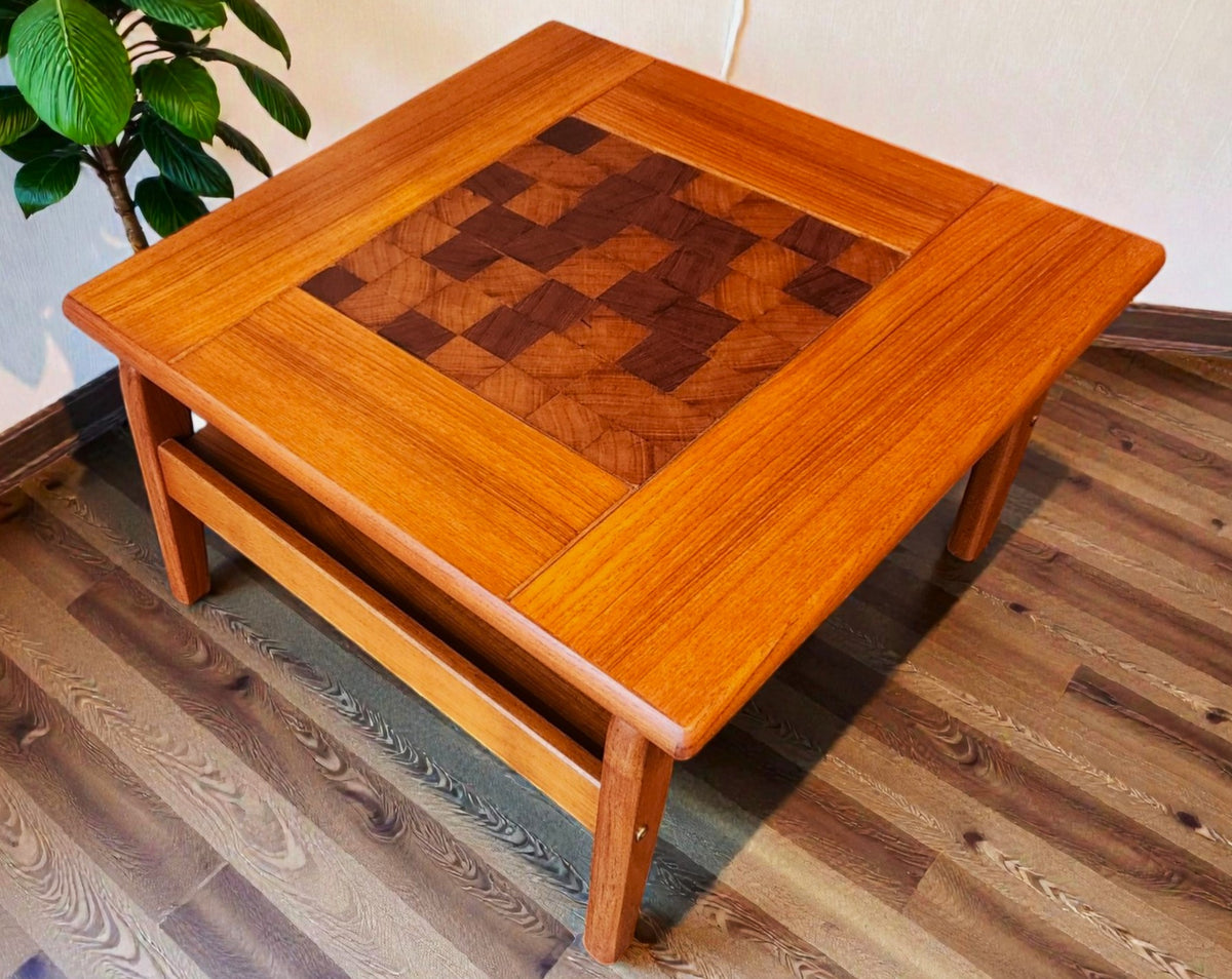 REFINISHED Danish Mid Century Modern Teak Accent Table w Inlay & Shelf