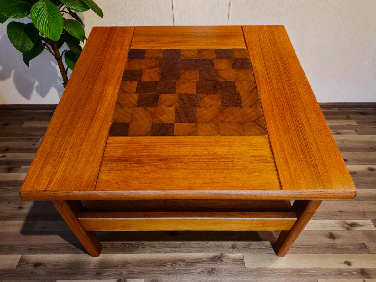 REFINISHED Danish Mid Century Modern Teak Accent Table w Inlay & Shelf