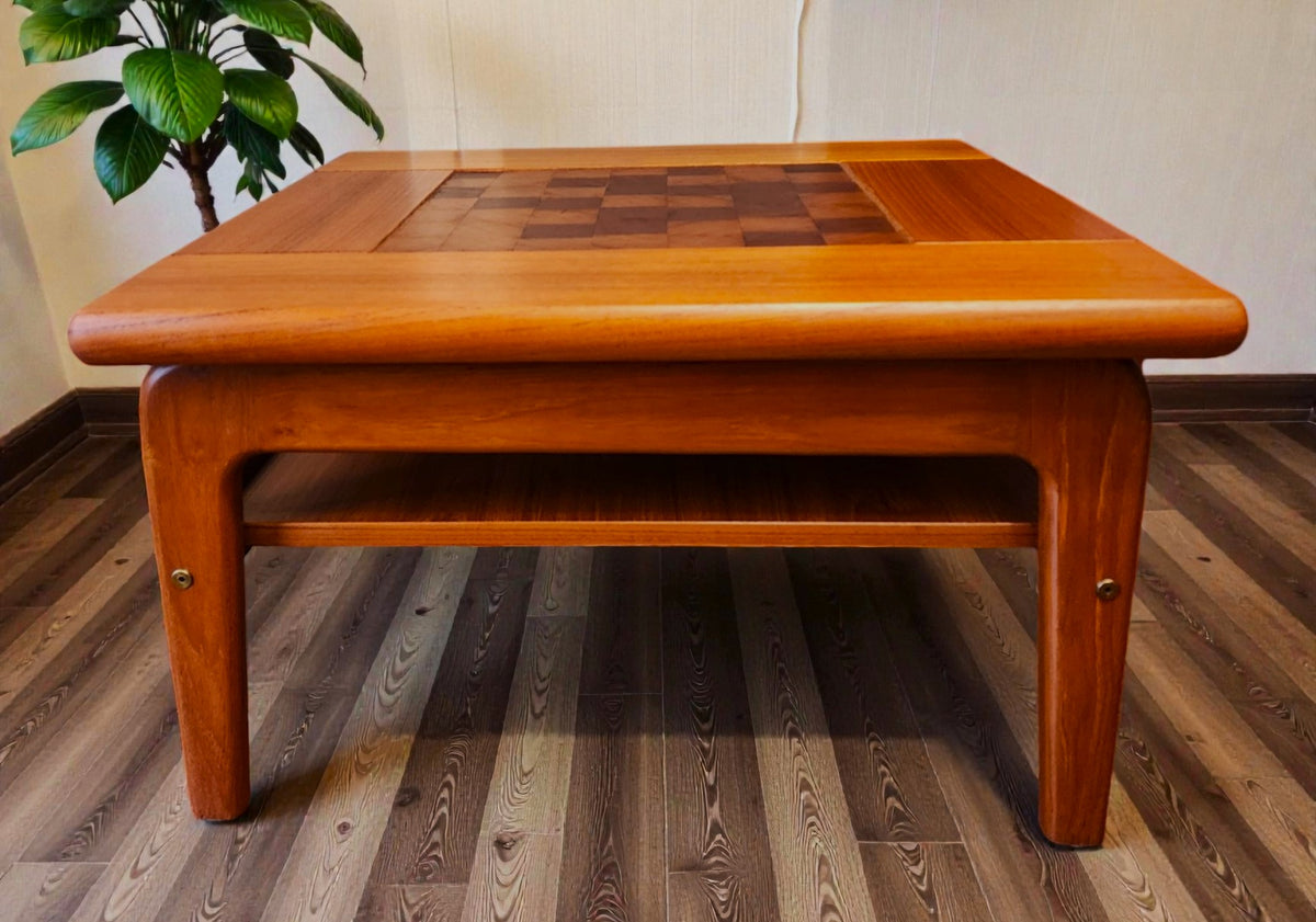 REFINISHED Danish Mid Century Modern Teak Accent Table w Inlay & Shelf