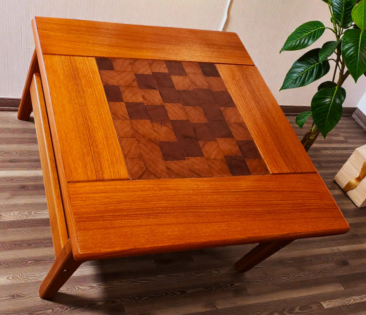 REFINISHED Danish Mid Century Modern Teak Accent Table w Inlay & Shelf