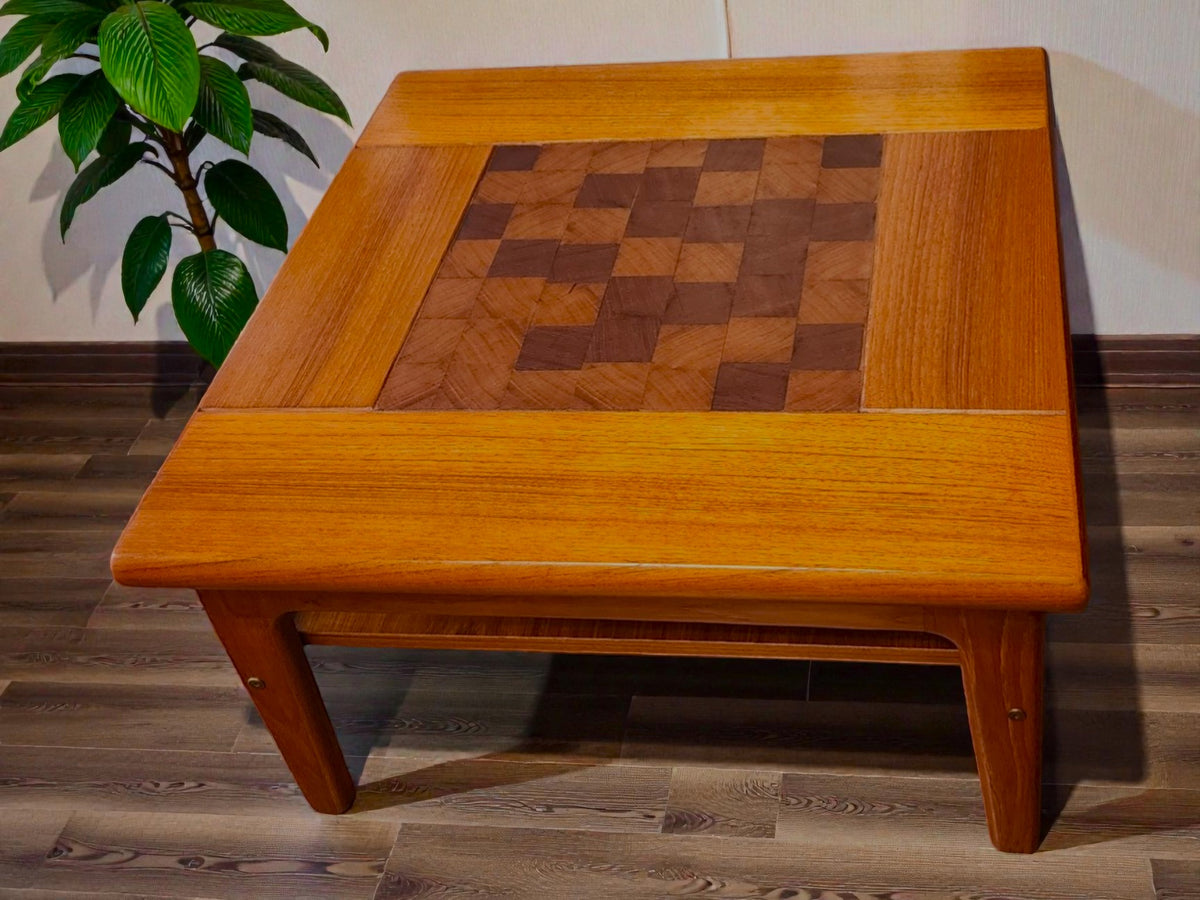 REFINISHED Danish Mid Century Modern Teak Accent Table w Inlay & Shelf