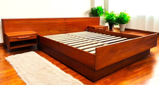 REFINISHED Mid Century Modern Teak Bed w Floating Nightstands Queen
