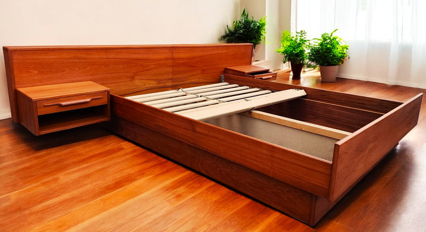 REFINISHED Mid Century Modern Teak Bed w Floating Nightstands Queen