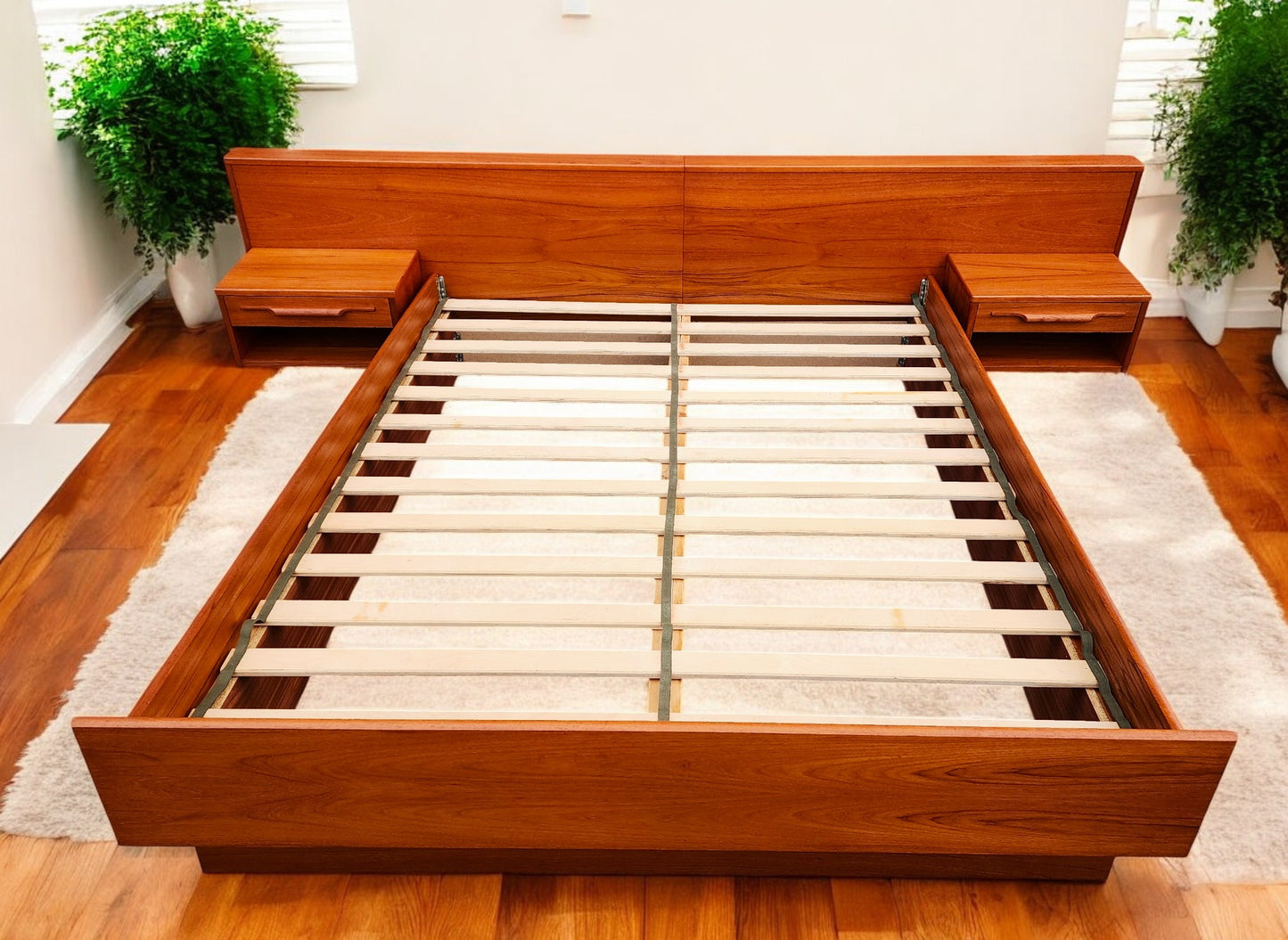 REFINISHED Mid Century Modern Teak Bed w Floating Nightstands Queen