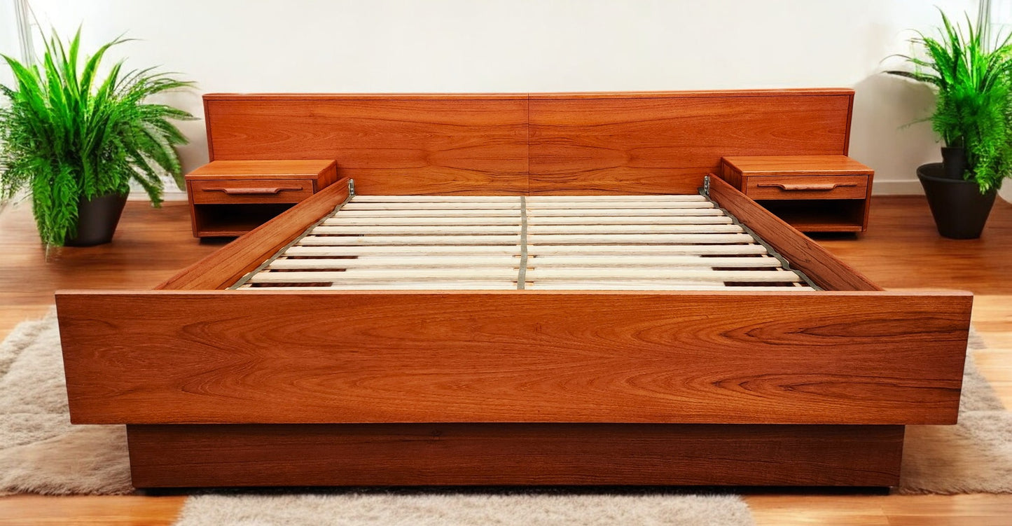 REFINISHED Mid Century Modern Teak Bed w Floating Nightstands Queen