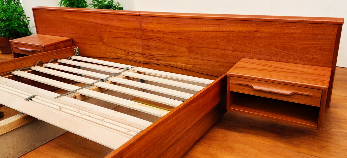 REFINISHED Mid Century Modern Teak Bed w Floating Nightstands Queen