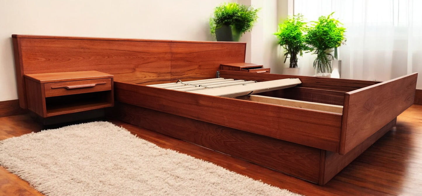 REFINISHED Mid Century Modern Teak Bed w Floating Nightstands Queen