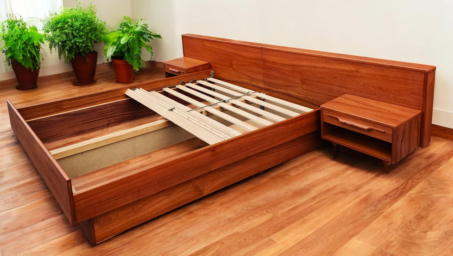 REFINISHED Mid Century Modern Teak Bed w Floating Nightstands Queen