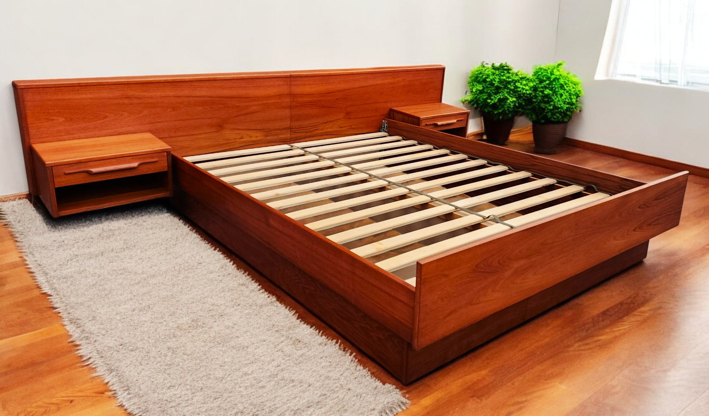 REFINISHED Mid Century Modern Teak Bed w Floating Nightstands Queen
