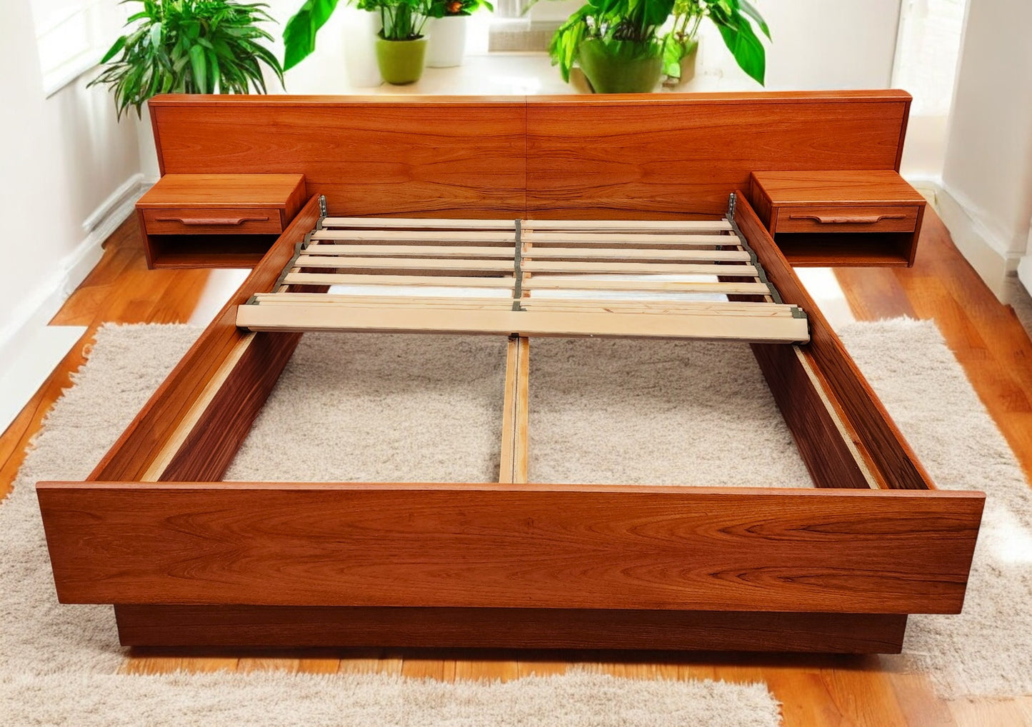REFINISHED Mid Century Modern Teak Bed w Floating Nightstands Queen