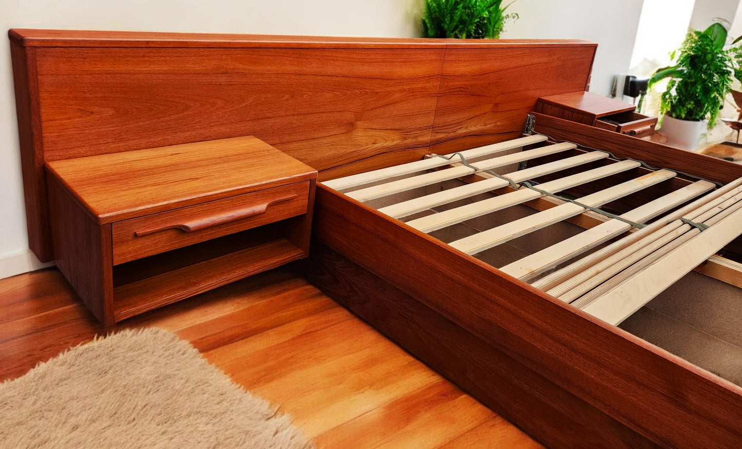 REFINISHED Mid Century Modern Teak Bed w Floating Nightstands Queen