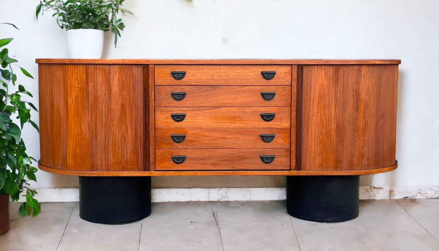 REFINISHED MCM Teak Buffet with Tambour Doors La Rose by RS Associates 75"