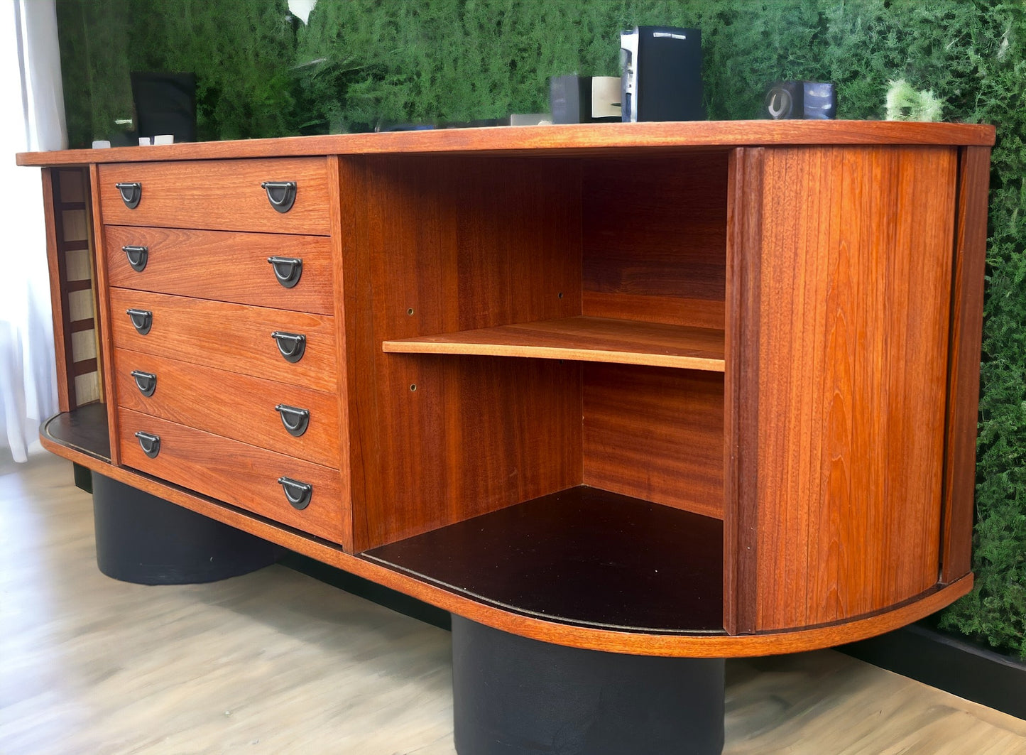 REFINISHED MCM Teak Buffet with Tambour Doors La Rose by RS Associates 75"