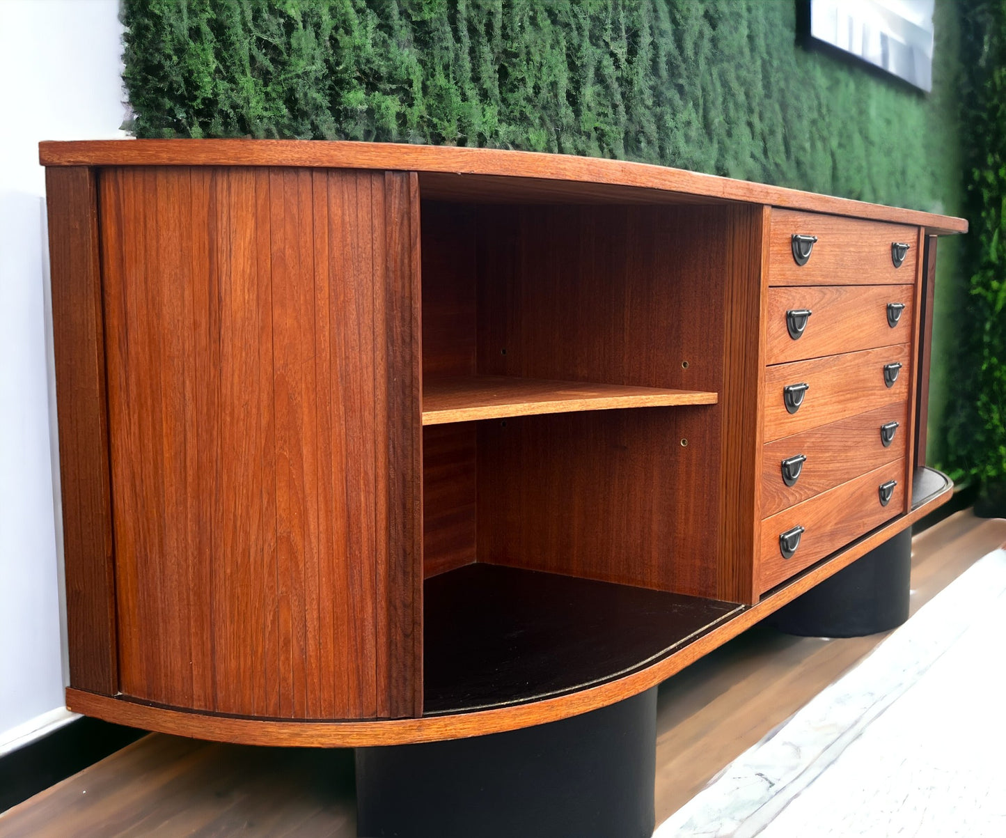 REFINISHED MCM Teak Buffet with Tambour Doors La Rose by RS Associates 75"