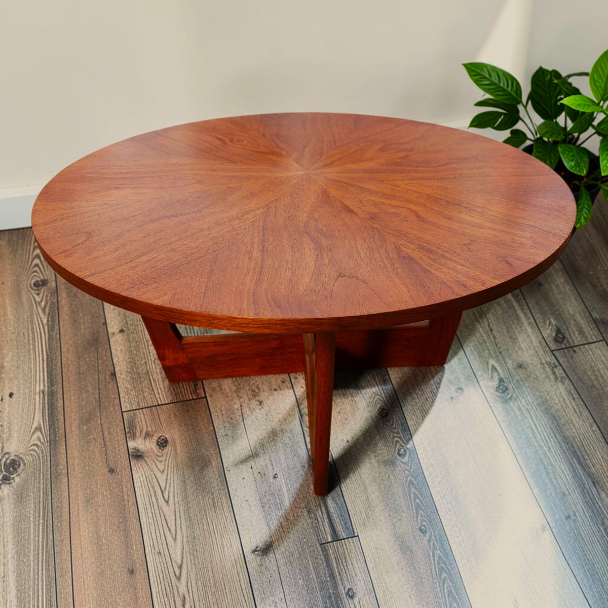 REFINISHED Mid Century Modern Teak Coffee Table Sunburst D 30.5