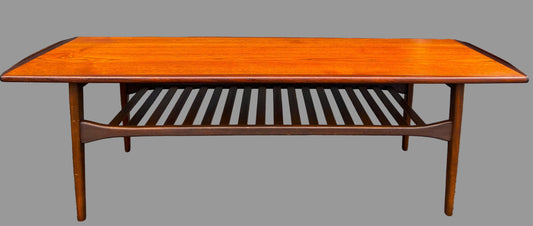 REFINISHED Mid Century Modern Teak Coffee Table w Slatted Shelf by Punch
