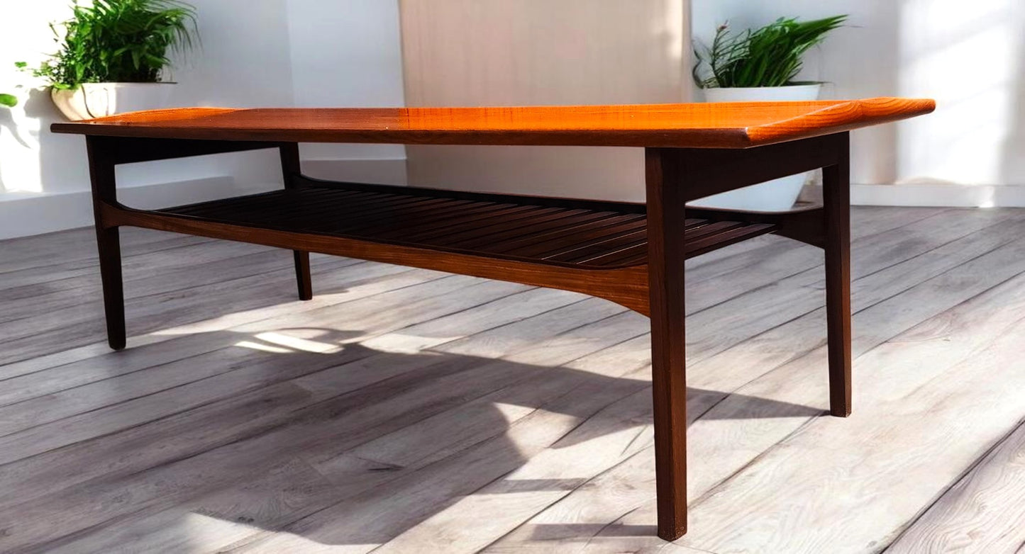 REFINISHED Mid Century Modern Teak Coffee Table w Slatted Shelf by Punch