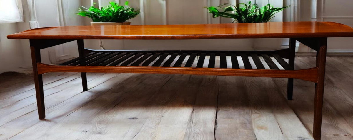 REFINISHED Mid Century Modern Teak Coffee Table w Shelf by Punch 59.5
