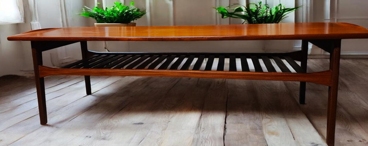 REFINISHED Mid Century Modern Teak Coffee Table w Slatted Shelf by Punch