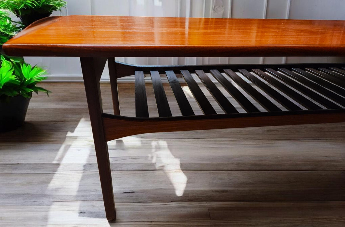 REFINISHED Mid Century Modern Teak Coffee Table w Shelf by Punch 59.5