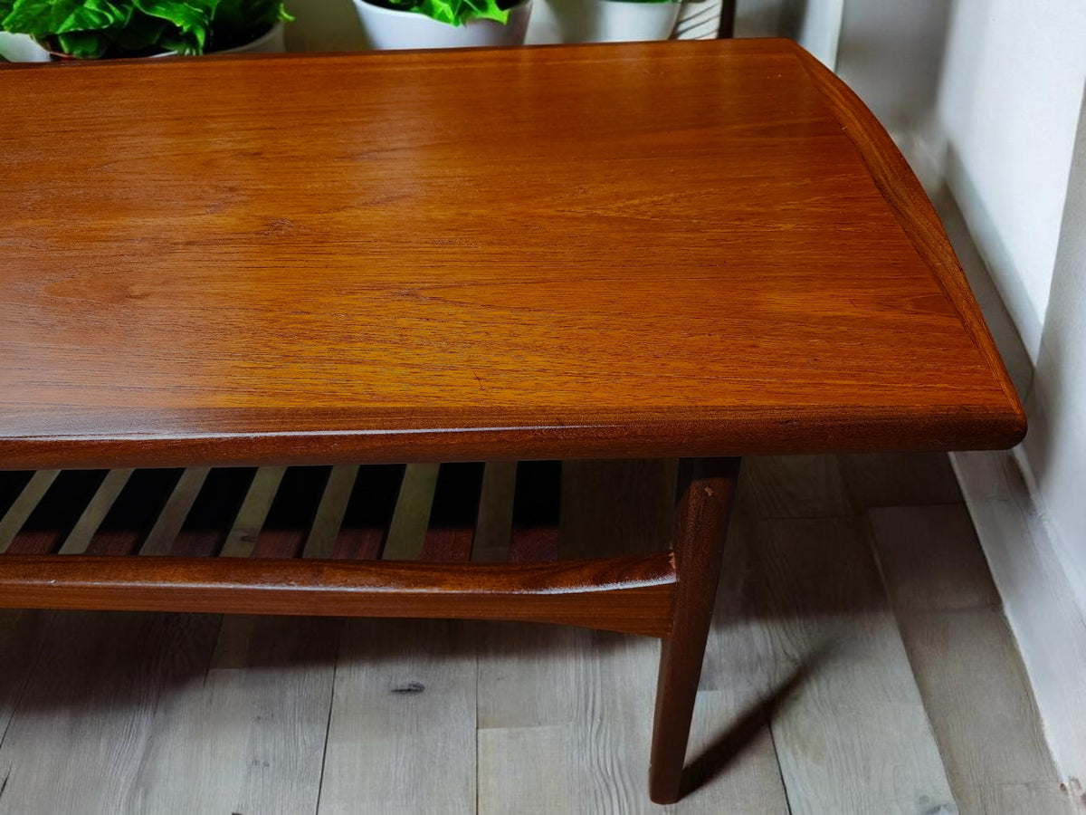 REFINISHED Mid Century Modern Teak Coffee Table w Shelf by Punch 59.5